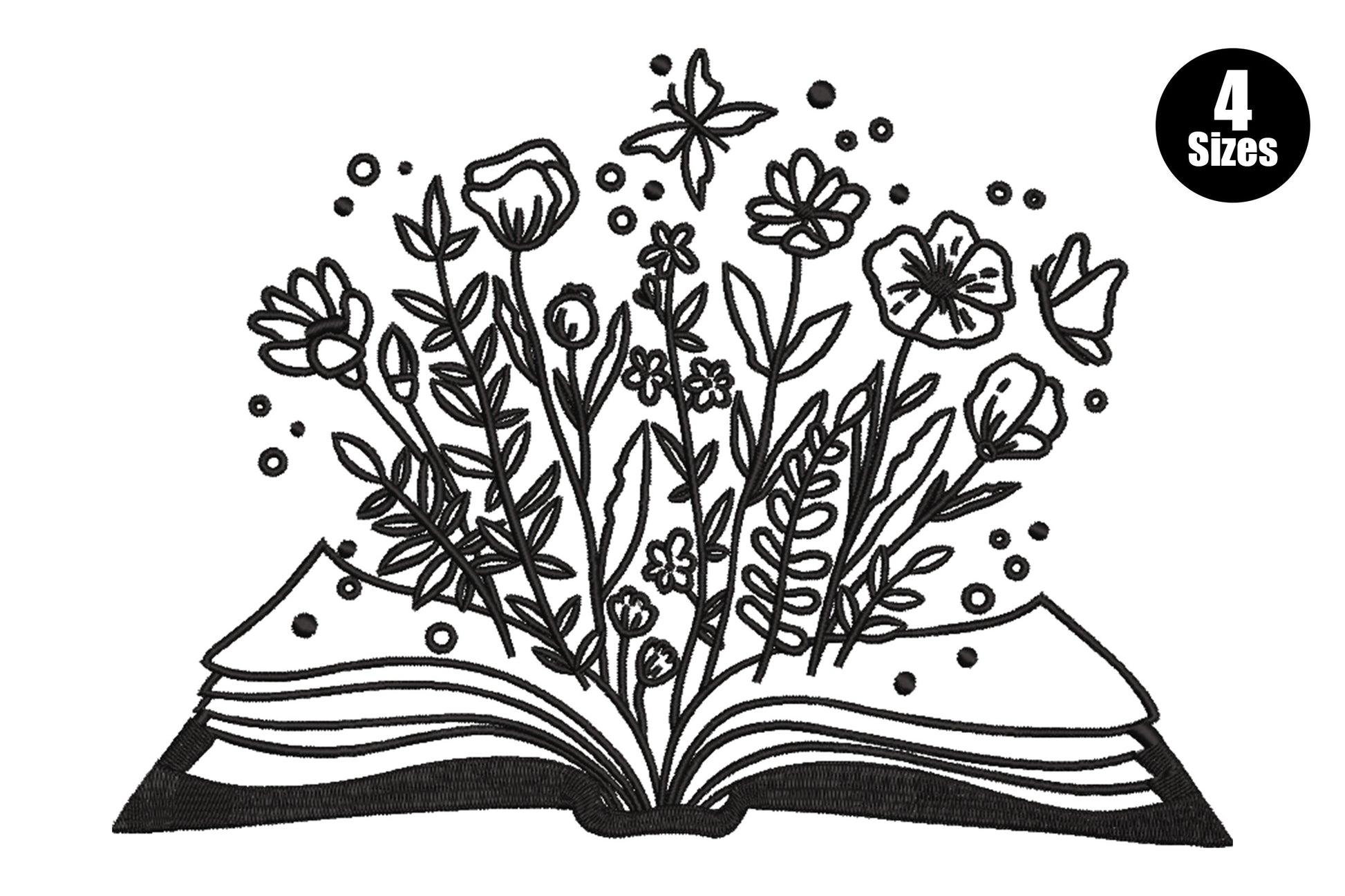 Open book blooming with wildflowers embroidery design showing a hardcover book with poppies, cosmos, ferns and daisy outlines growing from the spine.