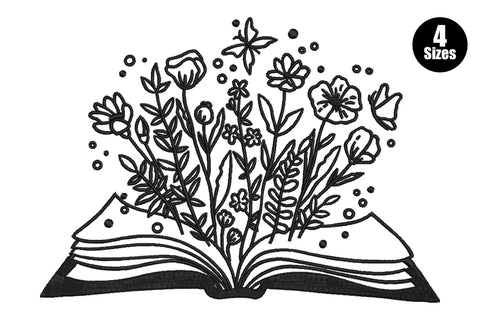 Open book blooming with wildflowers embroidery design showing a hardcover book with poppies, cosmos, ferns and daisy outlines growing from the spine.