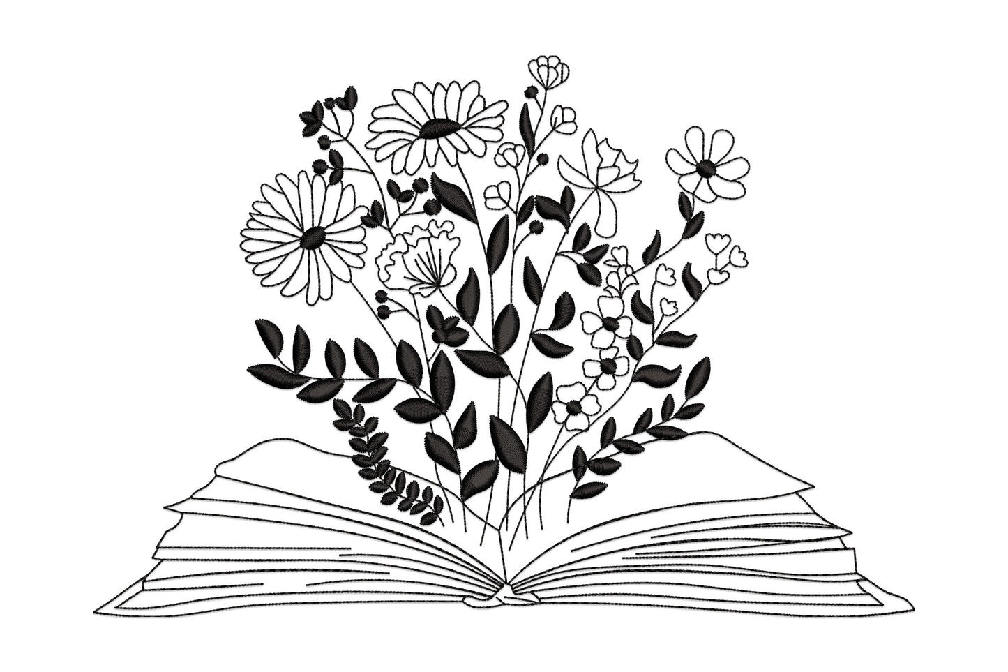 Open book embroidery design with wildflowers and satin-filled leaves erupting from the spine, single black thread, mixed outline and fill stitching.