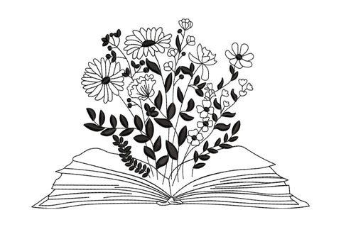 Open book embroidery design with wildflowers and satin-filled leaves erupting from the spine, single black thread, mixed outline and fill stitching.