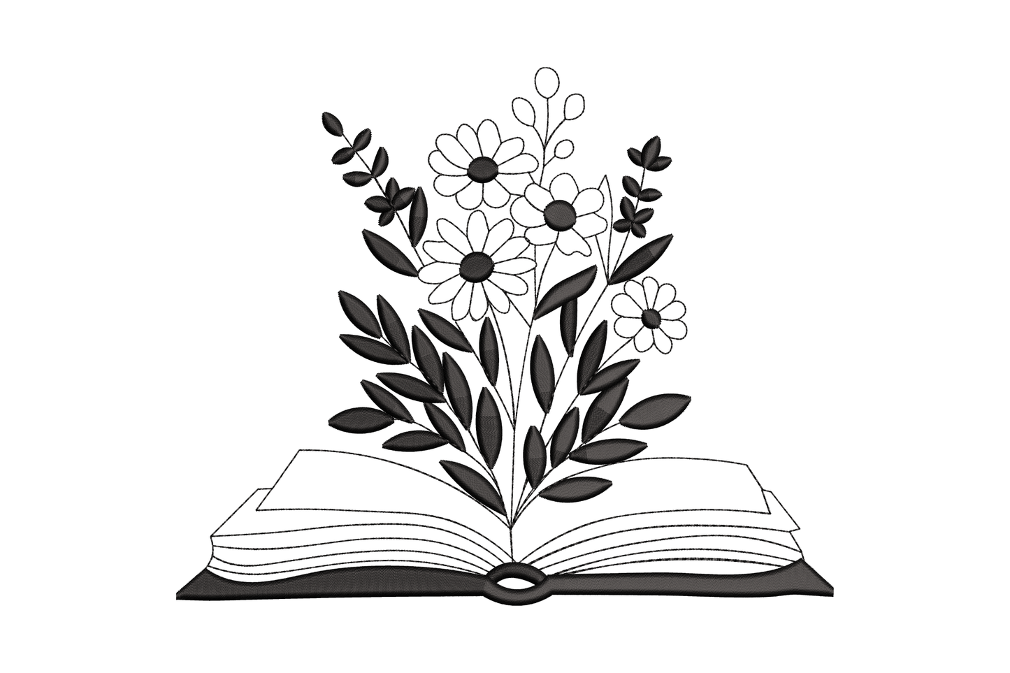 Open book with daisy flowers growing from pages, single colour machine embroidery design, 6 sizes up to 6 inches