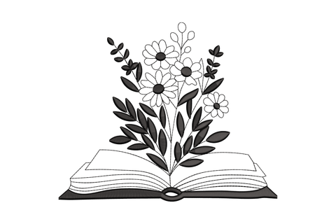 Open book with daisy flowers growing from pages, single colour machine embroidery design, 6 sizes up to 6 inches