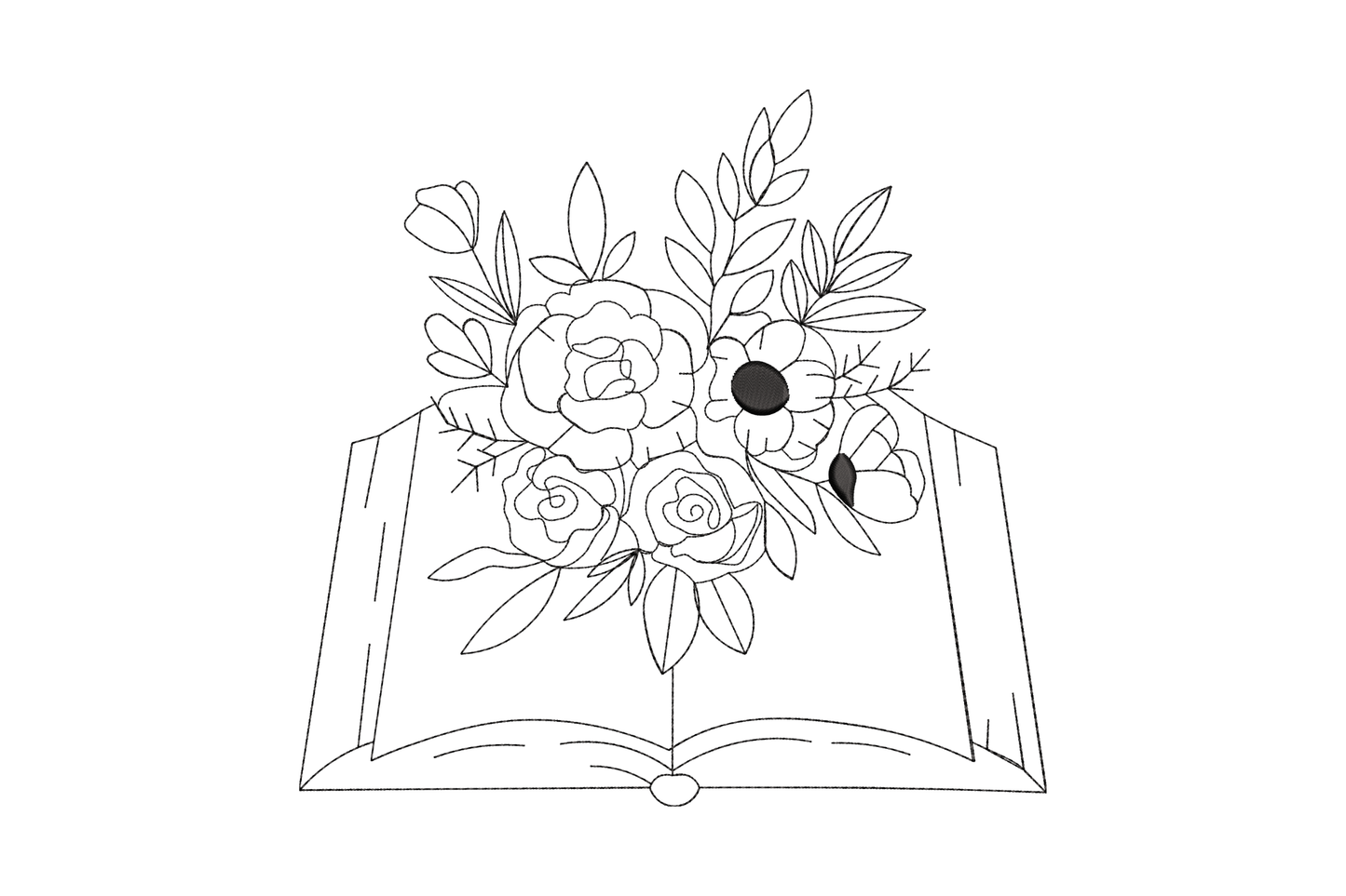 Open book with rose and peony bouquet in fine line art, single colour embroidery design, 4 sizes up to 7.5 inches