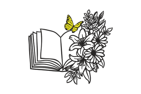 Open book with floral botanical arrangement and yellow butterfly machine embroidery design, line art style in black thread, 4 sizes 4 to 6.7 inches, 2 colours