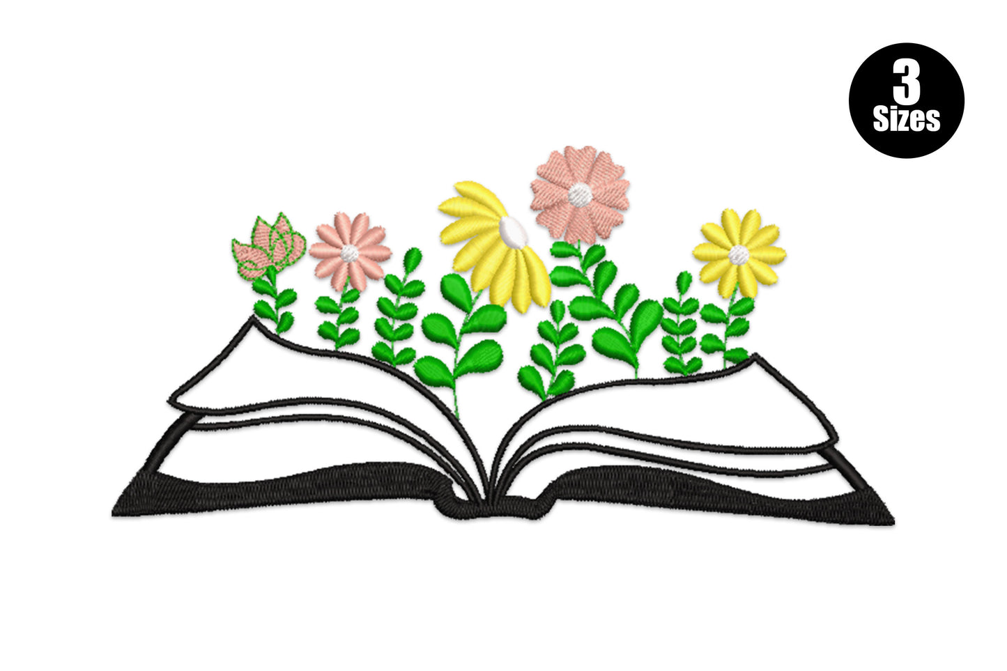 Open book embroidery design with pink and yellow flowers growing from the pages on bright green stems, book rendered in black outline on white.