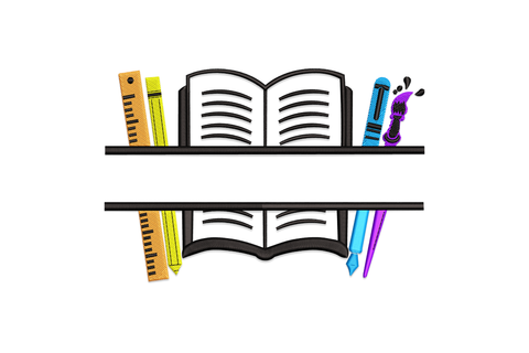 Open book school supplies embroidery with pencil, ruler and red apple in six colours, back-to-school teacher gift design