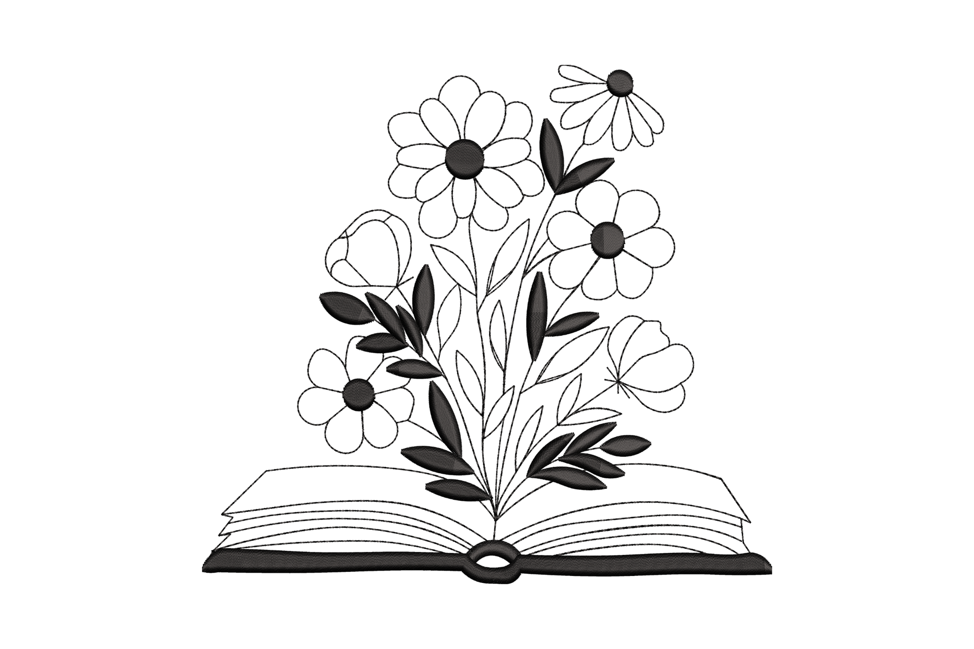 Open book with wildflower daisies and dark leaf clusters, single colour machine embroidery design, 5 sizes up to 5.9 inches