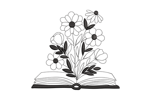 Open book with wildflower daisies and dark leaf clusters, single colour machine embroidery design, 5 sizes up to 5.9 inches