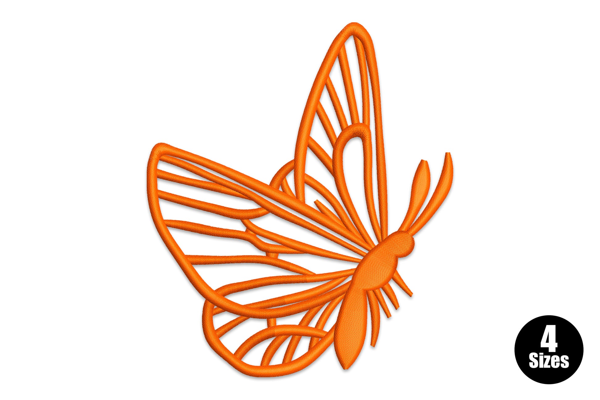 Orange butterfly line art embroidery design with open wings and parallel satin vein lines, single-colour outline style on white background