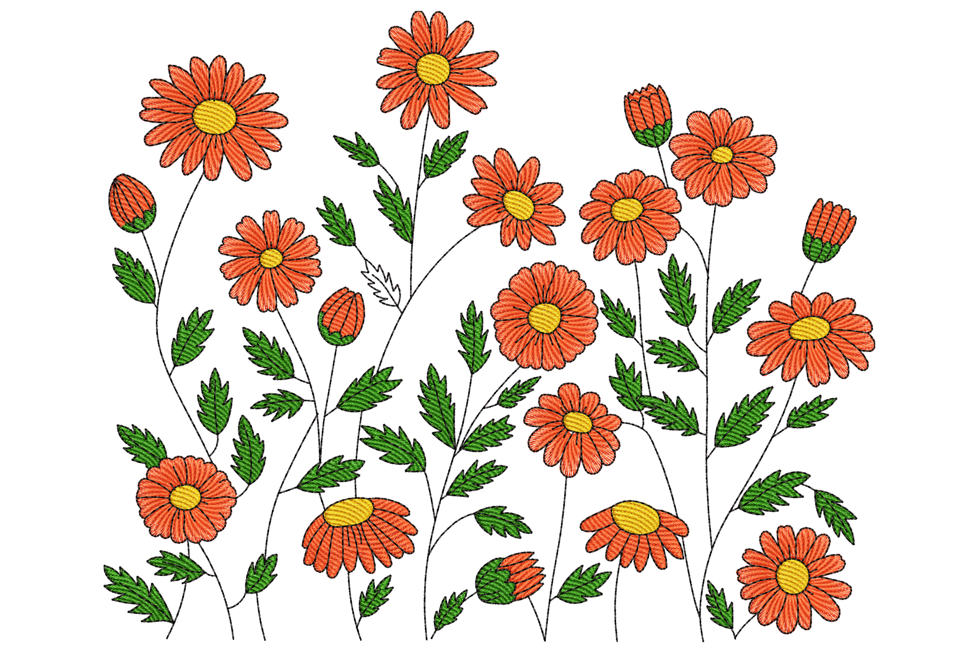 Dense meadow of orange daisy blooms with stems and buds embroidery design, 4 colours, 9 sizes, wildflower garden scene.