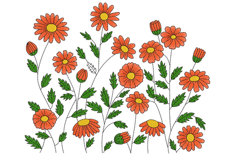 Dense meadow of orange daisy blooms with stems and buds embroidery design, 4 colours, 9 sizes, wildflower garden scene.