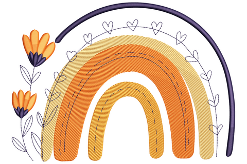 Boho orange rainbow embroidery with three satin arch bands, navy outline, small heart details and tulip flowers at the base.