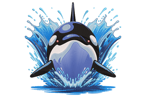 Orca whale splash embroidery design with killer whale breaching front-on surrounded by sailor blue and larimar wave explosion on white cotton.