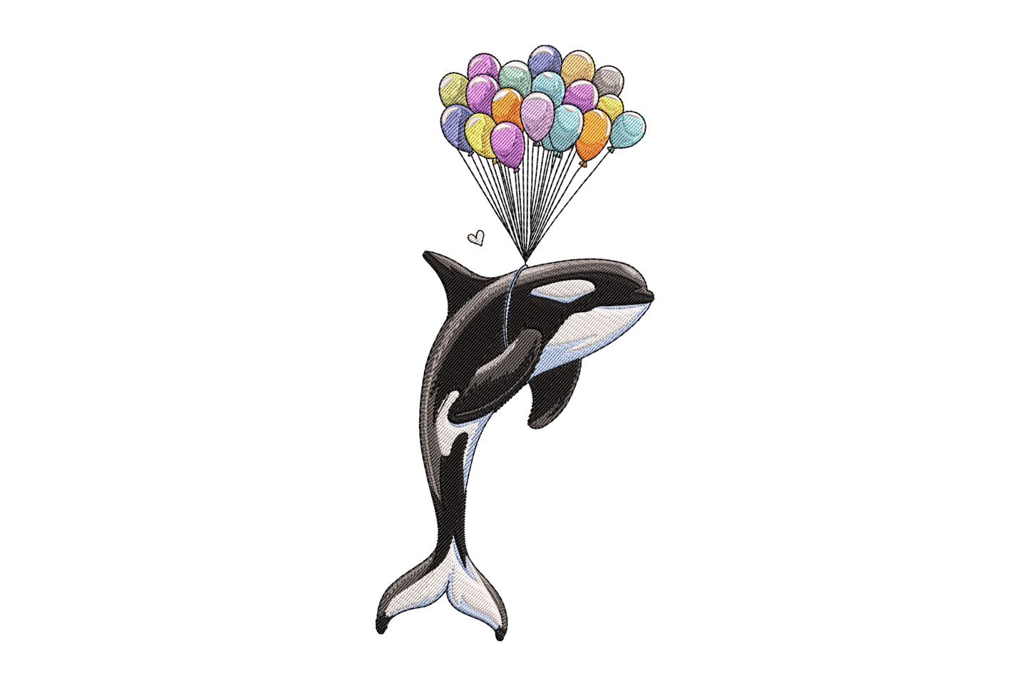 Kawaii orca whale with pastel multicolour balloons embroidery design, leaping pose, tiny heart detail, jet black and white with mint coral lavender fills.