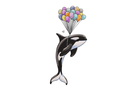 Kawaii orca whale with pastel multicolour balloons embroidery design, leaping pose, tiny heart detail, jet black and white with mint coral lavender fills.
