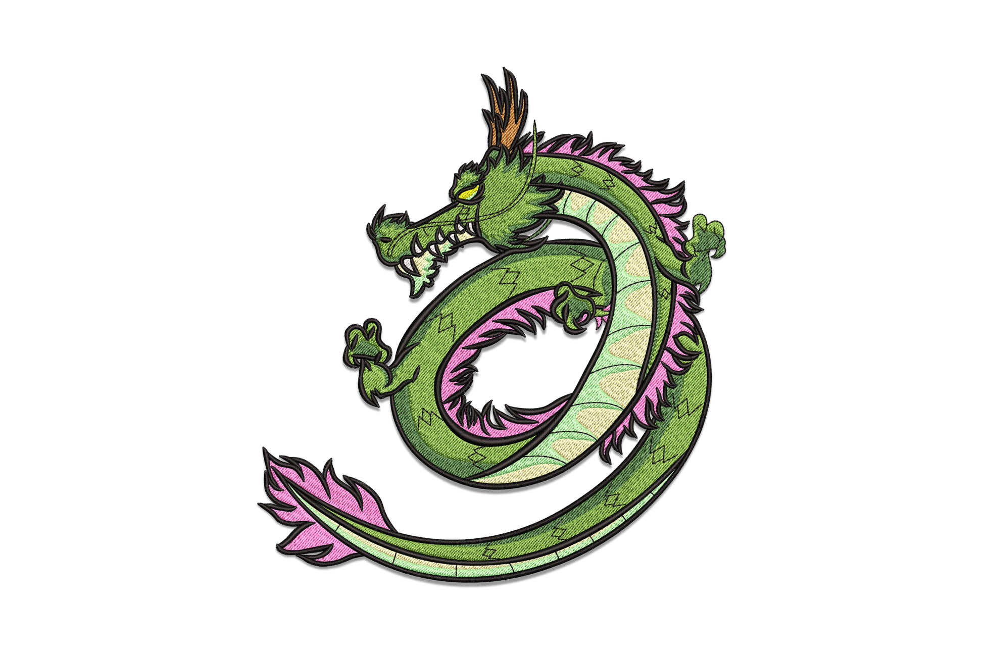 Oriental dragon embroidery design with coiled green body, pink spines and yellow eyes in 9 colors