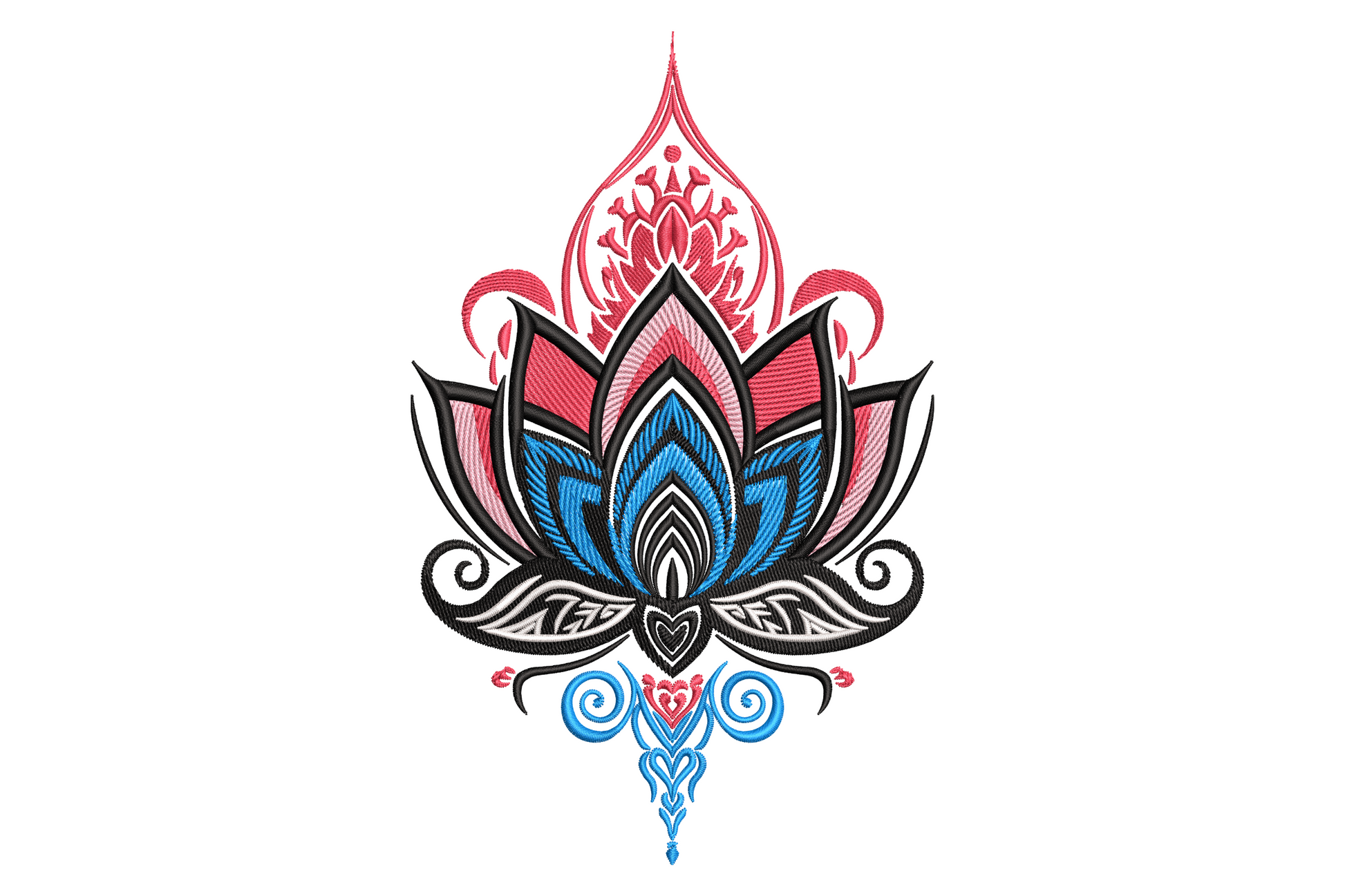 Ornamental lotus embroidery design with pink and red layered petals, cobalt blue centre petals and black outline scroll base