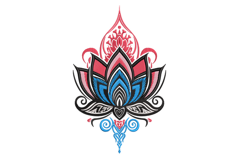 Ornamental lotus embroidery design with pink and red layered petals, cobalt blue centre petals and black outline scroll base