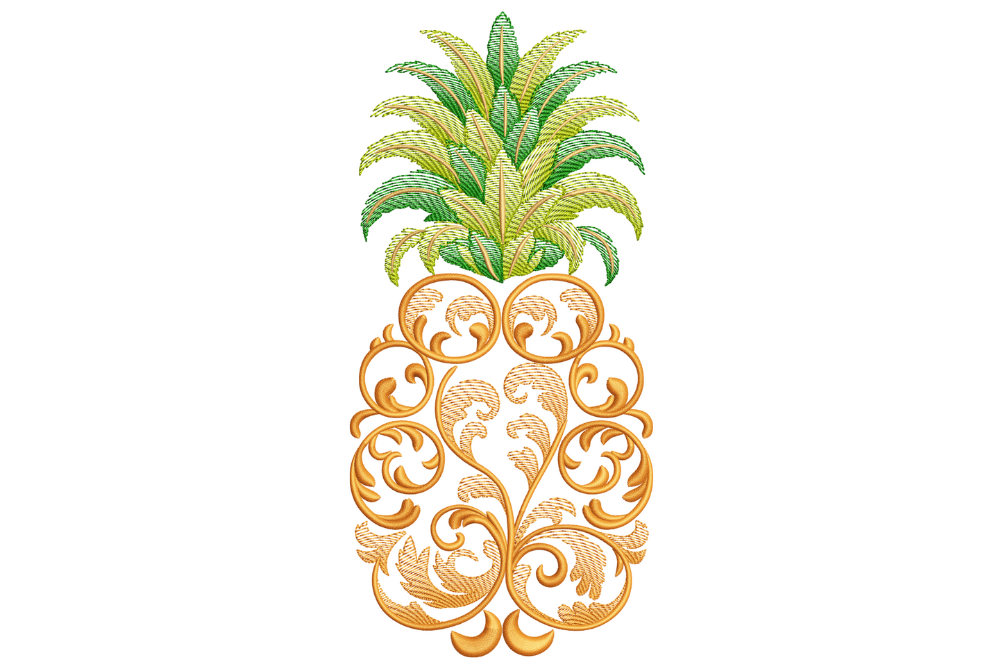 Ornate hand-drawn pineapple with diamond cross-hatch pattern body and pointed leaf crown, bohemian boho line-art tropical embroidery design