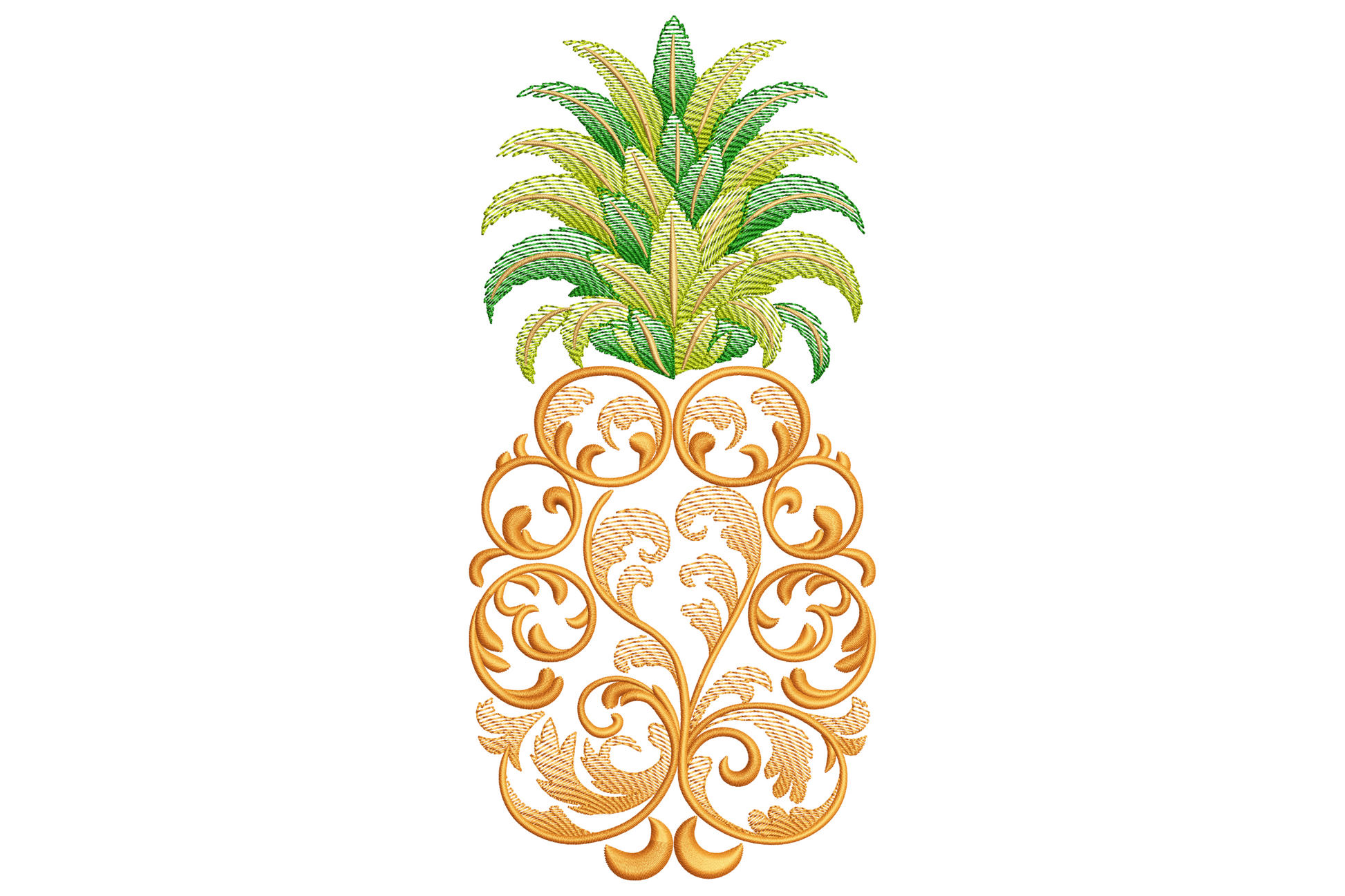 Ornate hand-drawn pineapple with diamond cross-hatch pattern body and pointed leaf crown, bohemian boho line-art tropical embroidery design