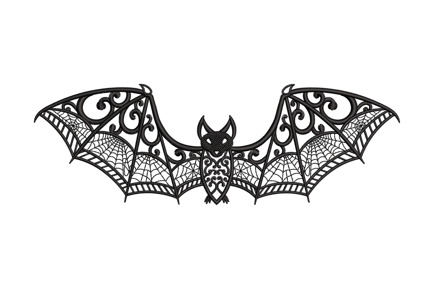 Ornate Bat Wings embroidery design with intricate filigree scrollwork, spiral tendrils and spider web wing panels, single black colour, 4 sizes