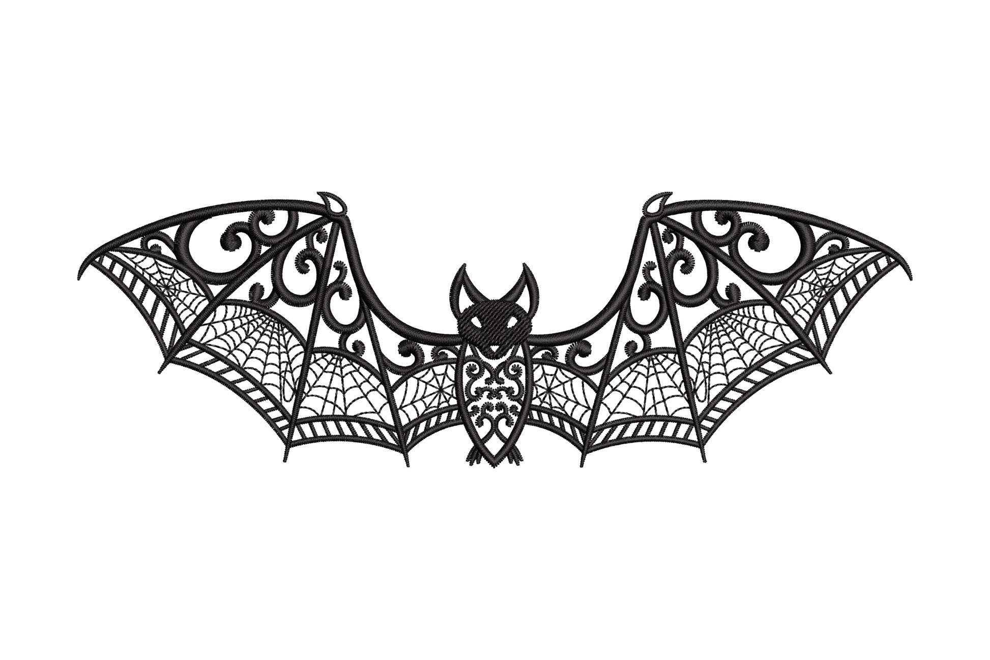 Ornate Bat Wings embroidery design with intricate filigree scrollwork, spiral tendrils and spider web wing panels, single black colour, 4 sizes