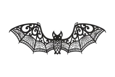 Ornate Bat Wings embroidery design with intricate filigree scrollwork, spiral tendrils and spider web wing panels, single black colour, 4 sizes