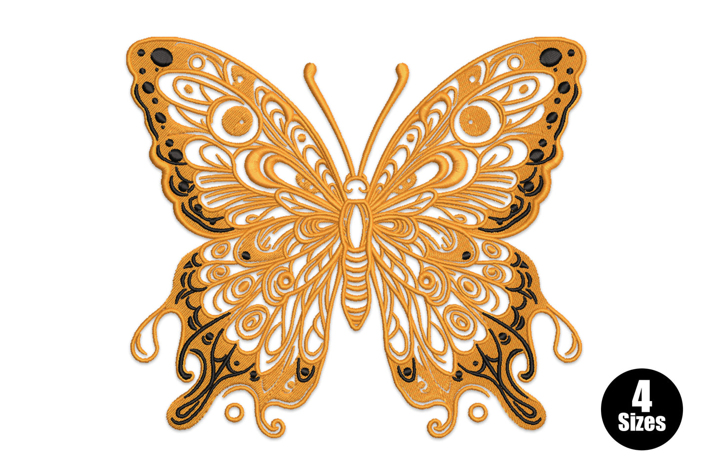 Ornate butterfly embroidery design with golden orange filigree swirl fill, black dot accents, and swallowtail wing extensions.