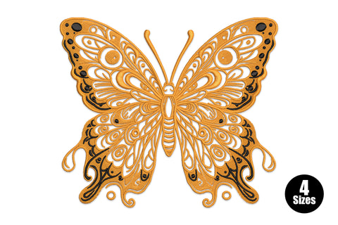 Ornate butterfly embroidery design with golden orange filigree swirl fill, black dot accents, and swallowtail wing extensions.