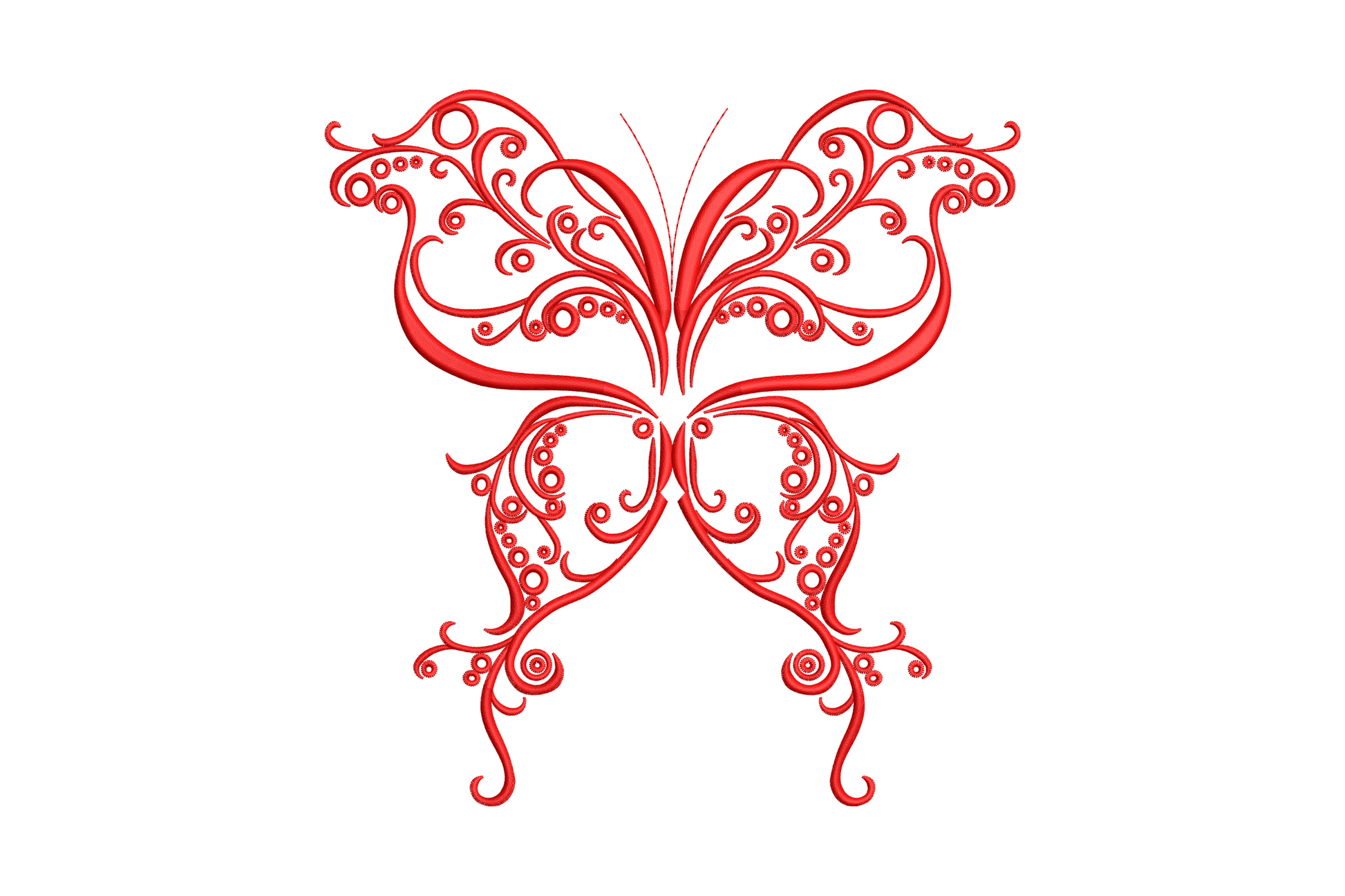 Ornate filigree butterfly embroidery design, red scrolling curves and circular medallions with curled tail appendages