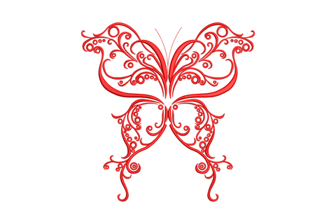 Ornate filigree butterfly embroidery design, red scrolling curves and circular medallions with curled tail appendages