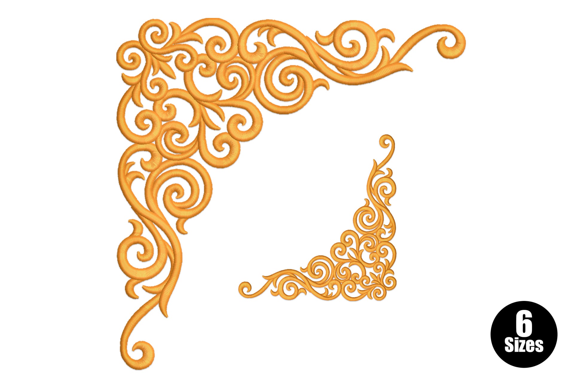 Ornate corner scroll embroidery design, baroque filigree swirls and acanthus curls in orange-gold thread, single colour, 6 sizes 3-8 inch