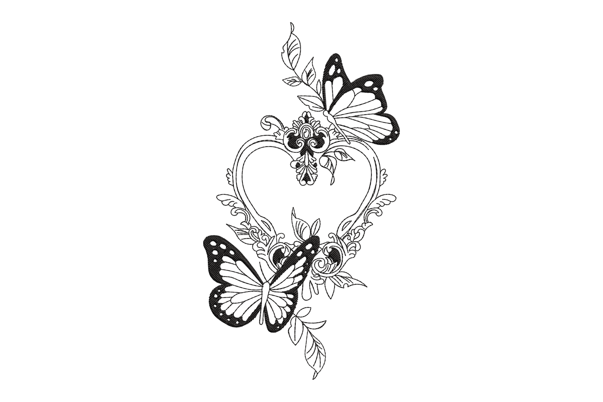 Ornate floral heart embroidery with Victorian lace scrollwork and two monarch butterflies, 4 sizes 4.5 to 7.5 inches, single colour black thread
