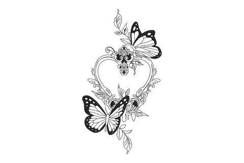 Ornate floral heart embroidery with Victorian lace scrollwork and two monarch butterflies, 4 sizes 4.5 to 7.5 inches, single colour black thread