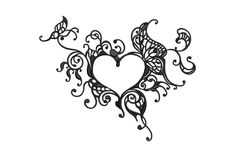 Ornate gothic heart embroidery design, open heart with filigree scrollwork and butterfly wing accents in single-colour black