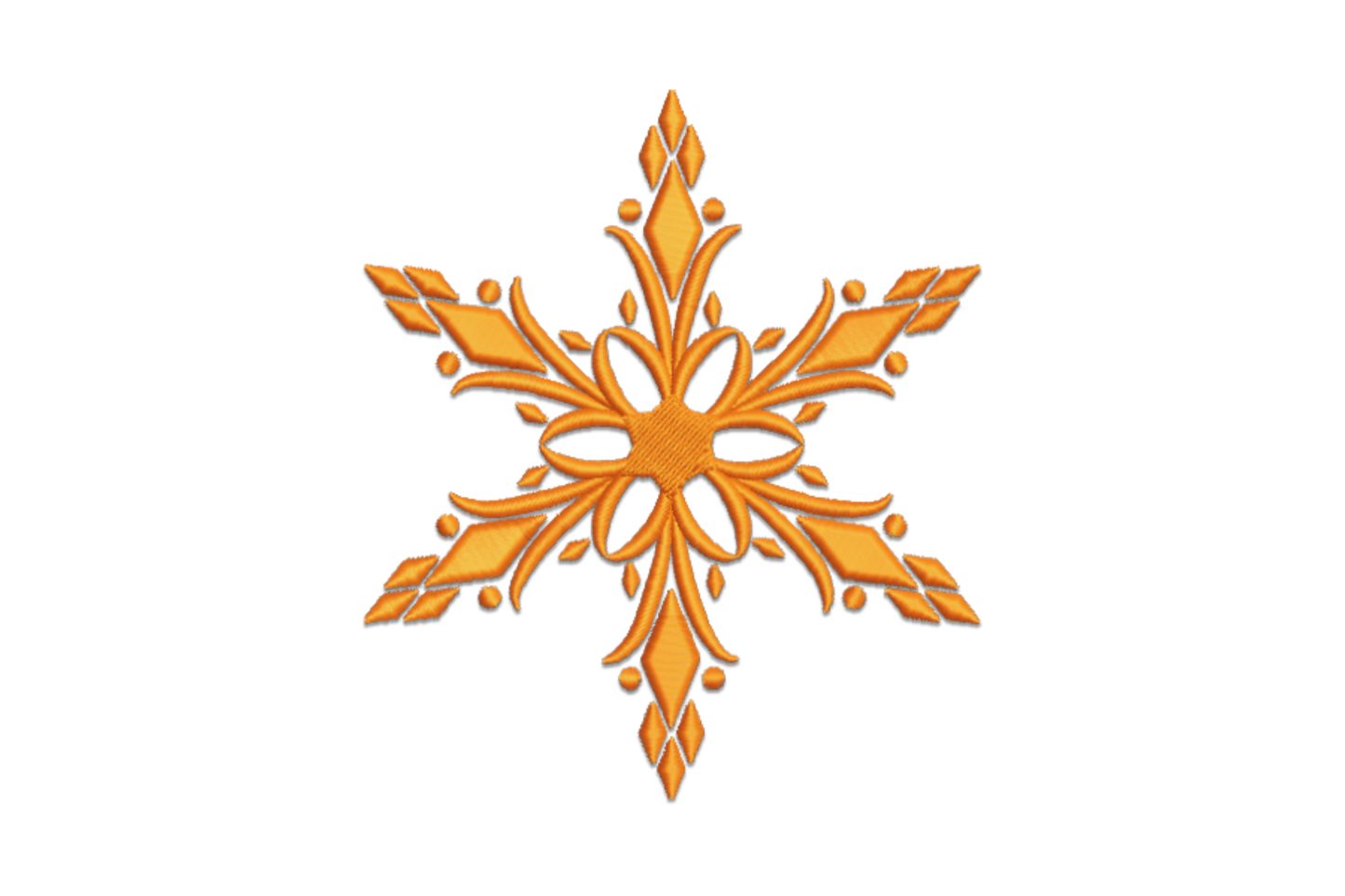 Ornate filled snowflake embroidery with curling arms, teardrop accents and flower centre hub, baroque holiday style