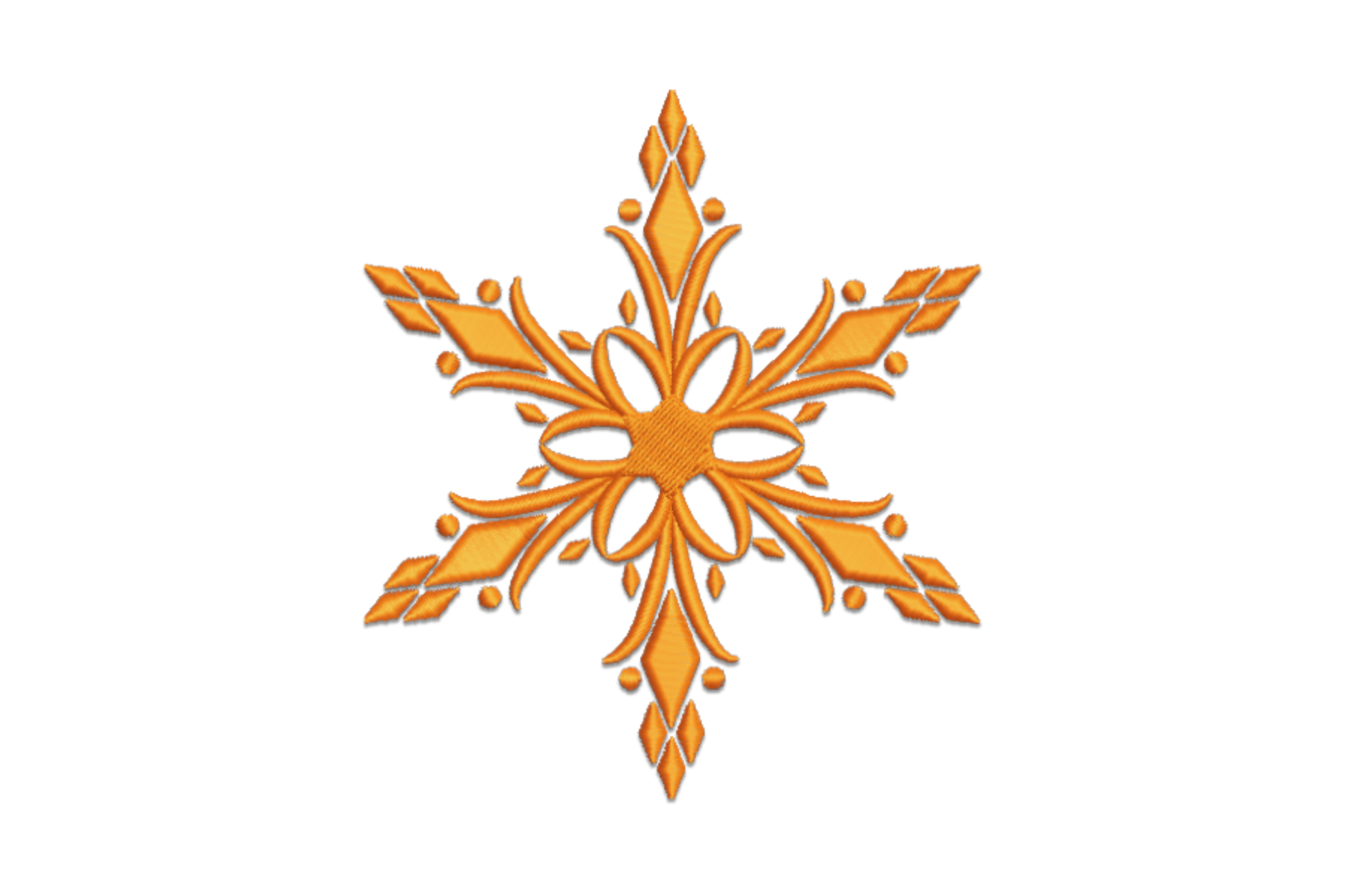 Ornate filled snowflake embroidery with curling arms, teardrop accents and flower centre hub, baroque holiday style