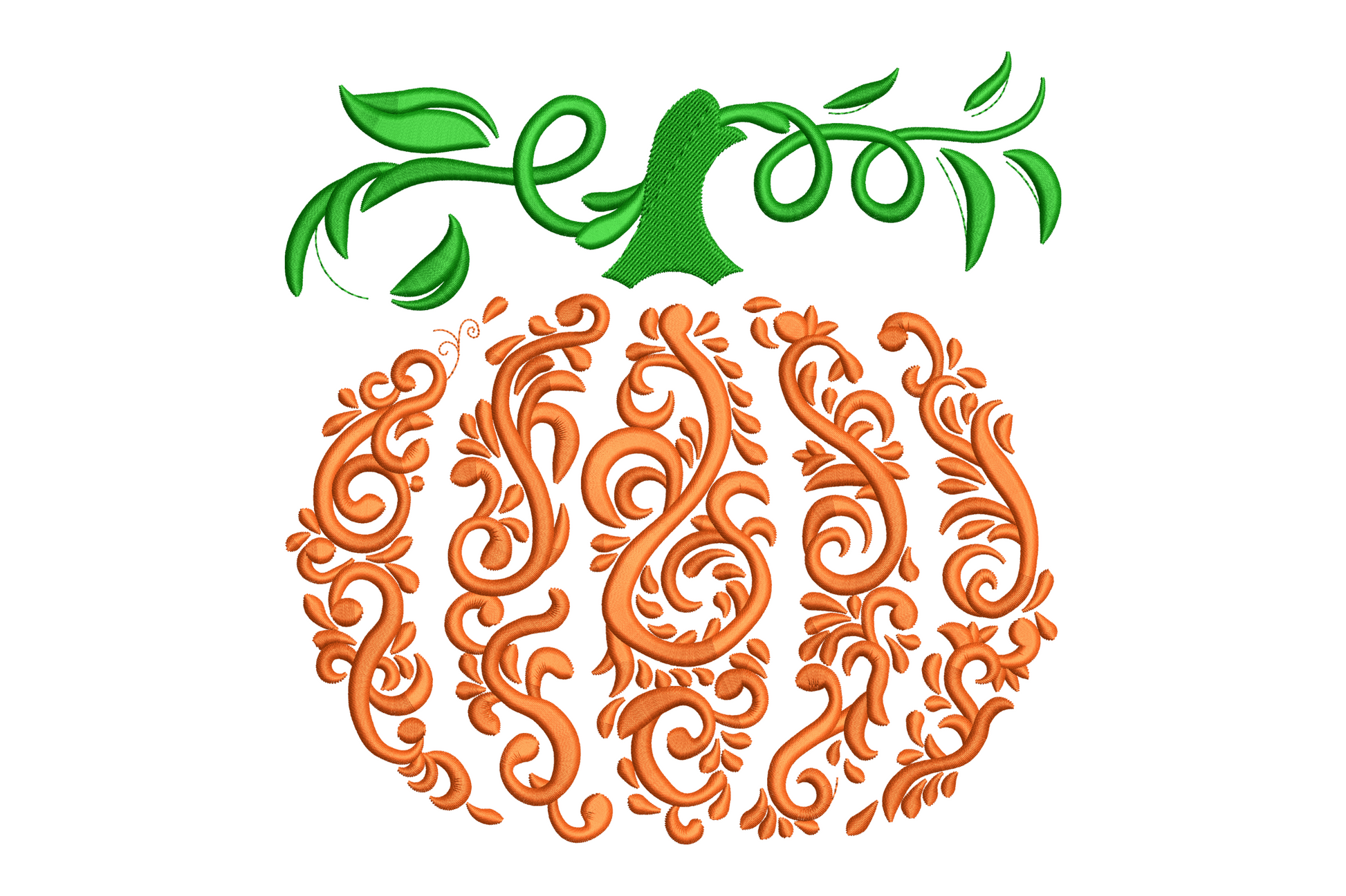 Ornate baroque swirl pumpkin embroidery design with entire body filled in dense orange scrollwork satin stitching and ridged green vine stem with leaf tendrils on white background