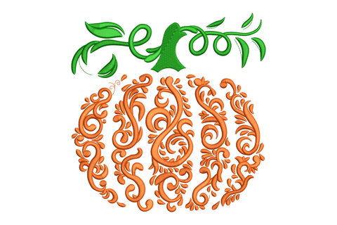 Ornate baroque swirl pumpkin embroidery design with entire body filled in dense orange scrollwork satin stitching and ridged green vine stem with leaf tendrils on white background