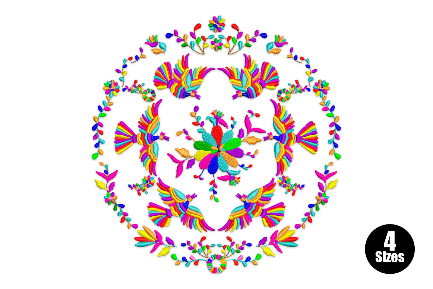 Otomi floral bird embroidery design with four mirrored rainbow birds, floral border and multicolour center bloom in a circular mandala layout.