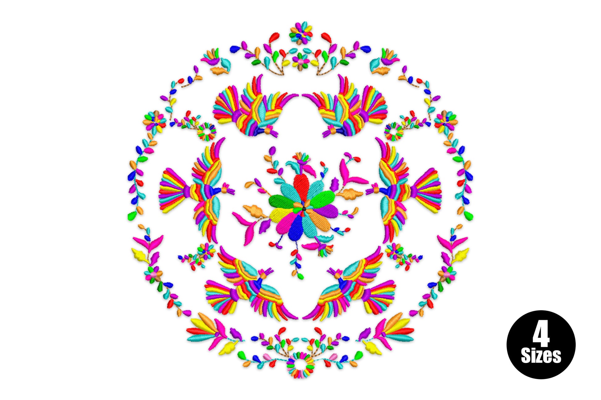 Otomi floral bird embroidery design with four mirrored rainbow birds, floral border and multicolour center bloom in a circular mandala layout.