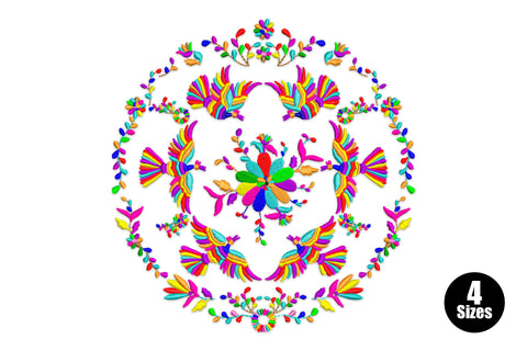 Otomi floral bird embroidery design with four mirrored rainbow birds, floral border and multicolour center bloom in a circular mandala layout.