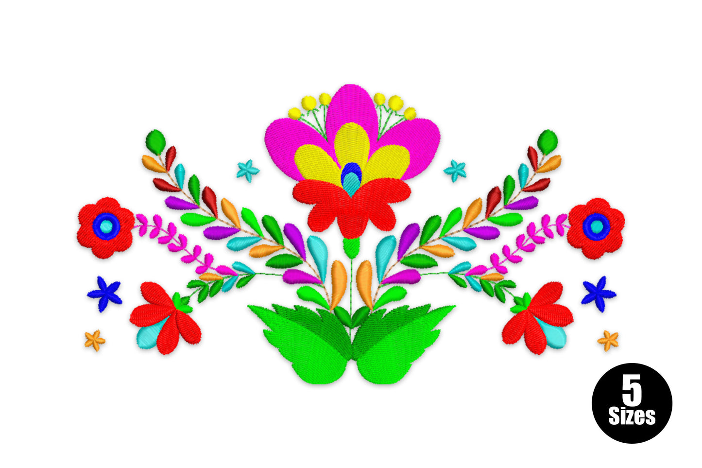 Otomi-style Mexican folk art floral embroidery design with a central pink and yellow bloom, red poppies, green leaves and small blue star accents in 12 colours.