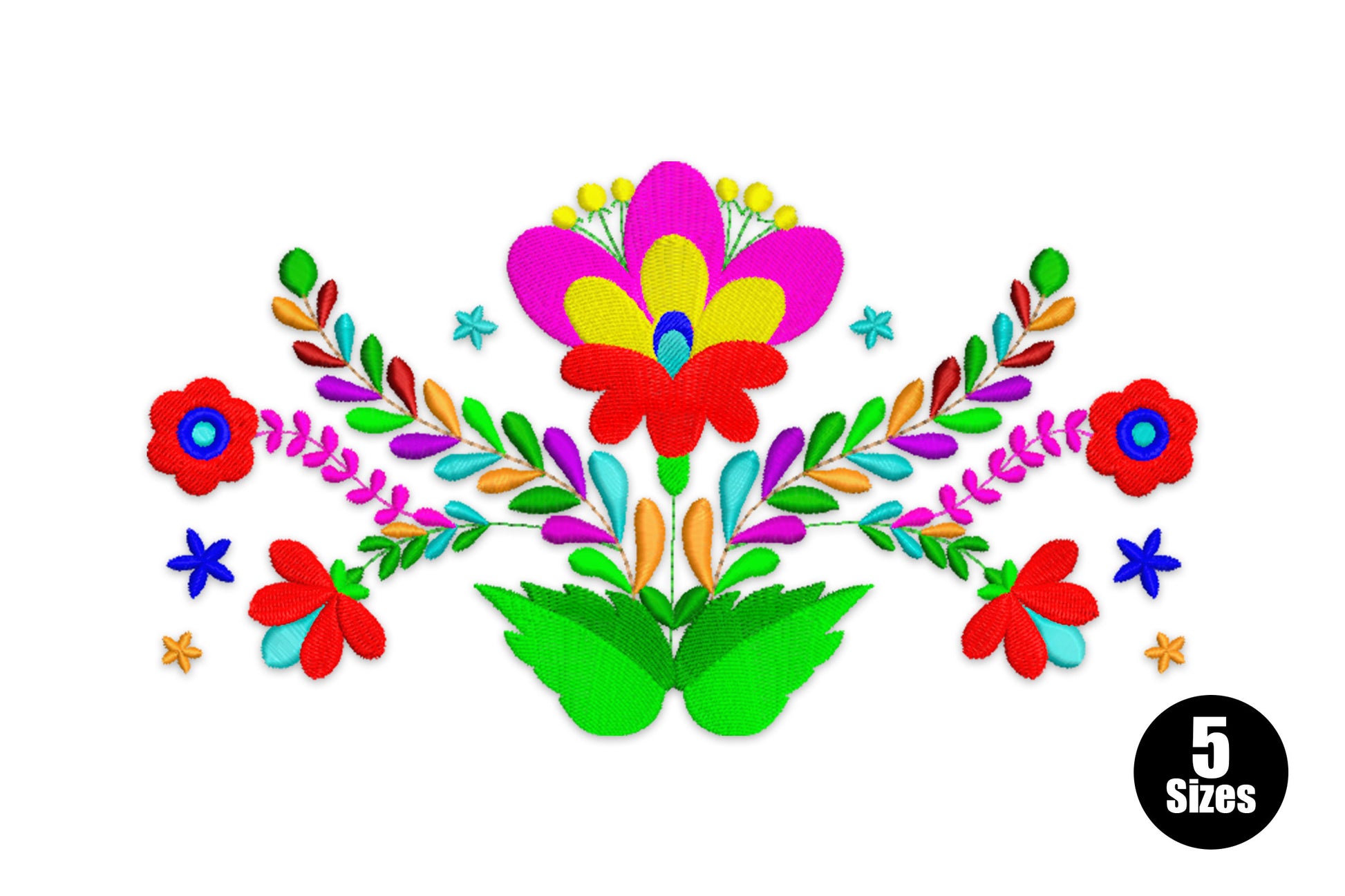 Otomi-style Mexican folk art floral embroidery design with a central pink and yellow bloom, red poppies, green leaves and small blue star accents in 12 colours.