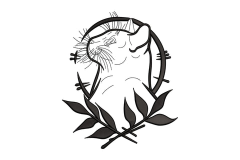 Otter embroidery design inside a bold circular ring frame with a laurel branch below, fine line art on black satin.