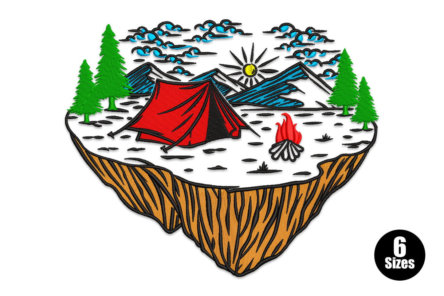 Machine embroidery of a red tent and campfire on a floating rocky island with pine trees and mountain skyline, 6 sizes