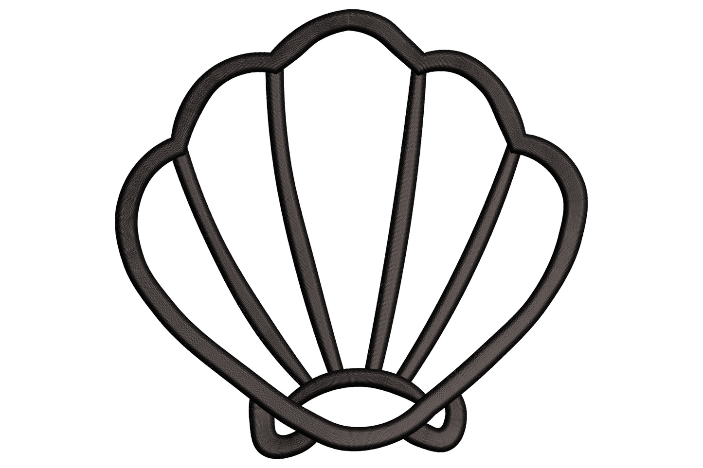Outline seashell embroidery, conch spiral with rib lines, single colour no fill, clean minimal line art, 9 sizes.