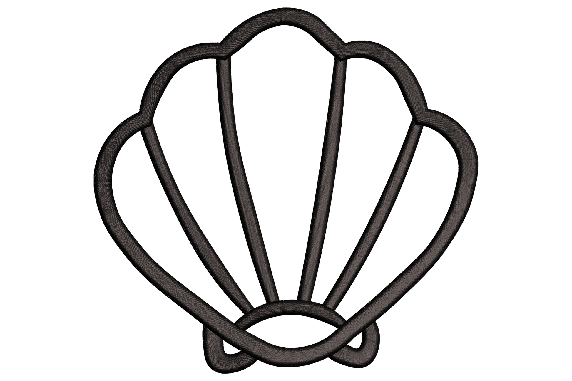Outline seashell embroidery, conch spiral with rib lines, single colour no fill, clean minimal line art, 9 sizes.