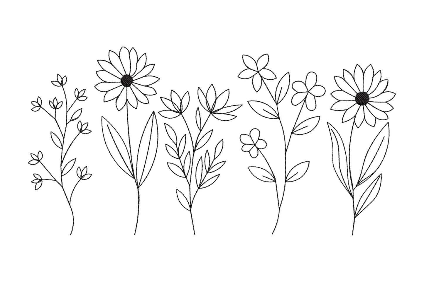 Outline wildflower bouquet embroidery design with five daisy and wildflower stems in single colour black contour line art