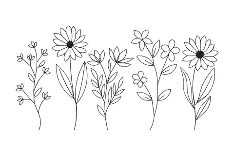 Outline wildflower bouquet embroidery design with five daisy and wildflower stems in single colour black contour line art